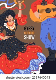 Gypsies ensemble performance flamenco folk. Vector Gypsy outdoor show poster. Romani ethnic tradition and culture, woman dancing in fluffy long dress and with tambourine. Man playing guitar