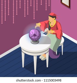 Gypsies isometric background with woman dressed in national costume guessing on magic sphere vector illustration