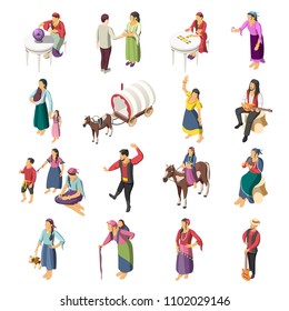 Gypsies isometric icons set of adult romany people with children leading liberty nomadic lifestyle isolated vector illustration