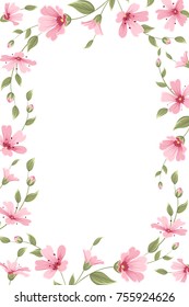 Gypsophila baby breath floral border frame template on white background. Bright pink purple spring summer flowers garland foliage. Vertical portrait aspect ratio. Place for text. Vector illustration.