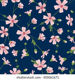 Gypsophila floral seamless pattern. Pink purple baby's breath flowers. Dark blue background.