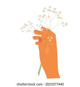 Gypsophila flower in a woman's hand vector stock illustration. An elegant feminine poster. The sticker template. Isolated on a white background.