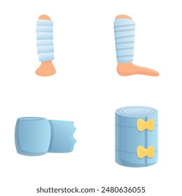 Gypsum bandage icons set cartoon vector. Trauma bandaging technique. First aid, medical emergency