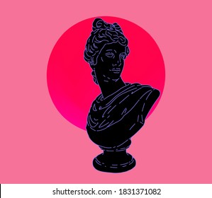 Gypsum bust of the Apollo and red sun on the background. Trendy template for cover, poster, print for t-shirt.