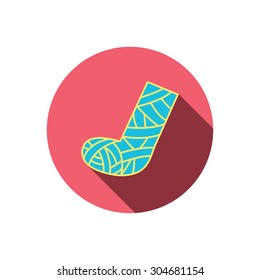Gypsum or cast foot icon. Broken leg sign. Human recovery medicine symbol. Red flat circle button. Linear icon with shadow. Vector