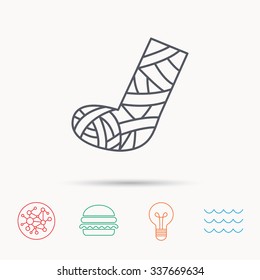 Gypsum or cast foot icon. Broken leg sign. Human recovery medicine symbol. Global connect network, ocean wave and burger icons. Lightbulb lamp symbol.