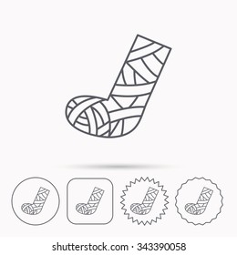 Gypsum Or Cast Foot Icon. Broken Leg Sign. Human Recovery Medicine Symbol. Linear Circle, Square And Star Buttons With Icons.