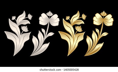 gypsum and gold metal products, stucco weave, pattern, ornament flowers isolated on a black background. Realistic 3d Vector Illustration.