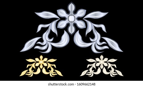 gypsum, gold, silver metal products, stucco weave, pattern, ornament isolated on a black background. Realistic 3d Vector Illustration stock