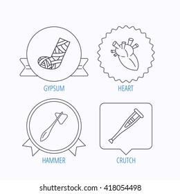 Gypsum, heart and medical hammer icons. Crutch linear sign. Award medal, star label and speech bubble designs. Vector