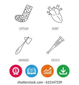 Gypsum, heart and medical hammer icons. Crutch linear sign. Award medal, growth chart and opened book web icons. Download arrow. Vector
