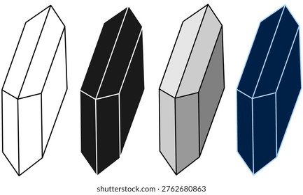Gypsum monoclinic crystal system vector icons set, tabular-prismatic habit. Mineralogical wireframe models in four styles: outline, inverse, grayscale, and blueprint. Science and geology education symbols. Isolated EPS vector.