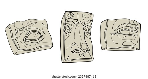 Gypsum parts lips, nose, eyes of the face of David. Plaster fragment of the head and face of David. Acid Sticker face. Line art. Modern statues, antique greek sculpture. Minimalist modern style.