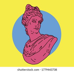 Gypsum sculpture on yellow background. Vaporwave style vector illustration.