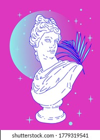 Gypsum statue in neon pink and blue lightning. Classical sculpture in vaporwave retrofuturistic aesthetics style. Vector illustration.