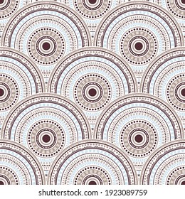 Gypsy abstract floral wallpaper design vector seamless pattern. Folk motifs abstract repeating scallops. Romanian folk overlapping circular shapes seamless geometric pattern.