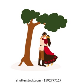 Gypsy couple meeting flat vector illustration. Sweethearts embracing near tree cartoon characters. Young boy and girl dating. Romany lovers romantic relationship. Beautiful Gypsy woman with beloved.