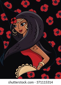 Gypsy dancing with a tambourine and a scarf with red flowers