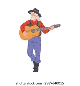 Gypsy elderly man playing guitar and singing. Romany performance flamenco folk. Gypsies ethnic tradition and culture. Vector cartoon musician male character illustration isolated on white