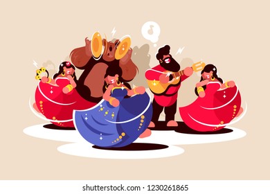 Gypsy ensemble dancing and playing on instruments. Women in beautiful colorful dresses man with guitar and bear with musical cymbals flat style concept vector illustration