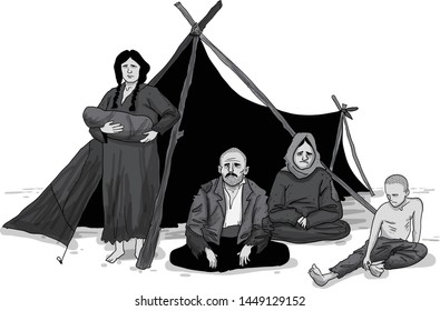 Gypsy family living in bad conditions inside improvised tent