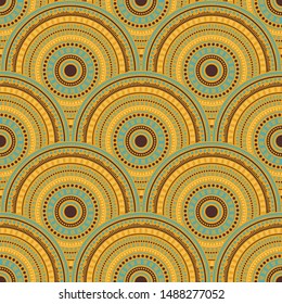 Gypsy fish scale background vector seamless pattern. Ethnic motifs modern repeating geometry. Romanian ethnic circle mandala elements seamless geometric pattern.