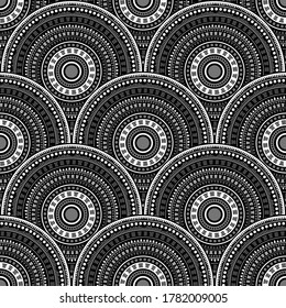 Gypsy fish scale carpet design vector seamless pattern. Folk motifs colorful line art geometry. Romanian ethnic circle mandala elements seamless geometric pattern.