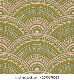 Gypsy fish scale textile ornament vector seamless pattern. Folk motifs intricate repeating geometry. Japanese folk circle mandala elements seamless geometric pattern.