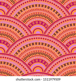 Gypsy fish scale tile design vector seamless pattern. Ethnic motifs colorful line art geometry. Romanian ethnic medallion concentric shapes seamless geometric pattern.