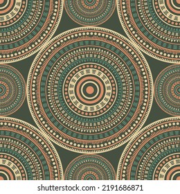 Gypsy Folk Motifs Seamless Pattern. Circle Medallion Mandala Abstract Flowers. Textile Print Template. Clothes, Carper Or Tile Pattern. Trendy Circular Seamless Ornament. Henna Mandala Design.