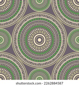 Gypsy folk motifs seamless pattern. Round medallion mandala geometric tiles. Textile print template. Fashion or interior pattern. Trendy circular seamless ornament. Henna mandala design.