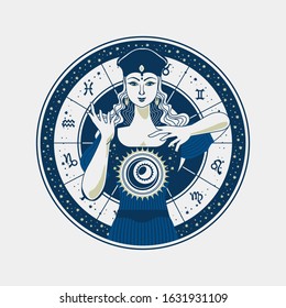 Gypsy fortune teller with crystal ball with astrological sign background