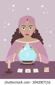 Gitano adivino con bola de cristal, tarot y vela sobre la mesa. Ilustración vectorial conceptual en un estilo plano.