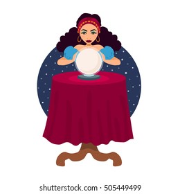 Gypsy fortune teller with crystal ball and a table. Cartoon illustration of woman oracle.