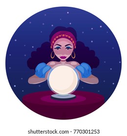 Gypsy fortune teller with crystal ball and a table. Cartoon illustration of woman oracle. Girl, witch predicts fate.