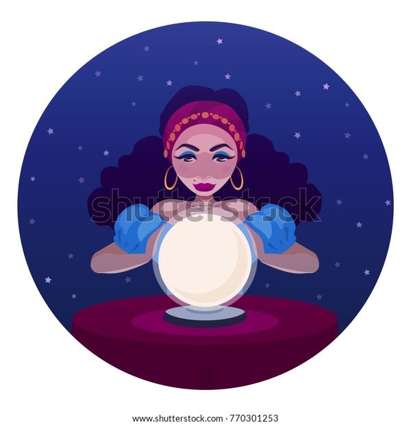 水晶玉とテーブルを持つジプシーの占い師 オラクル女性の漫画のイラスト 女の子 魔女は運命を予測する のベクター画像素材 ロイヤリティフリー