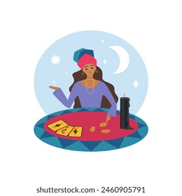 Gypsy fortune teller at round table laying out runes for predicting destiny vector illustration