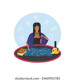 Gypsy fortune telling at table using gemstone pendulum on chain vector illustration