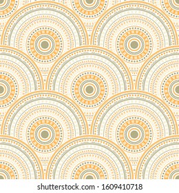 Gypsy geometric shapes textile ornament vector seamless pattern. Ethnic motifs colorful line art geometry. Romanian ethnic overlapping circular shapes seamless geometric pattern.