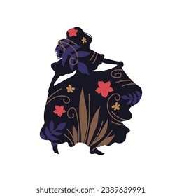 Gypsy girl dancing in a fluffy long dress silhouette with floral pattern. Vector black shape beautiful Romany woman performance flamenco folk isolated. Gypsies ethnic traditions and culture
