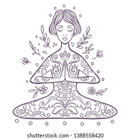 Gypsy Girl in  yoga pose. Meditation. Vector illustration in ethnic, boho styles. For decorate the studio logo, things: Mat, lengsy, bottle, T-shirt. Bohemian Vibes