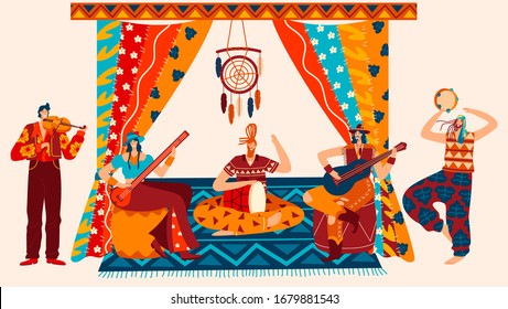 Gypsy indian male and female, play traditional music boho room, dreamcatcher, carpet, curtains, guitar, drum isolated on white, flat vector illustration. Design web banner, template, flyer.