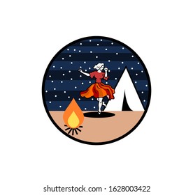 Gypsy Lady Dancing By The Fire, With Tent In A Background, Under The Night Full Of Stars,hand Drawn Colored Illustration. Roma Woman Dancer Performing Original Dance In A Circle, Simple Drawing.