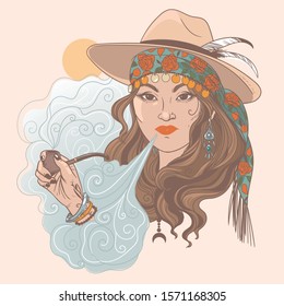 Gypsy lady smoking a pipe. Vector hand drawn illustration