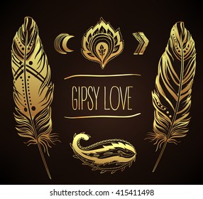 Gypsy Love: Gold tattoo set of Ornamental Boho Style Elements. Vector illustration. Tattoo template. Trendy hand drawn tribal symbol collection. Hippie design elements in gold color over black.