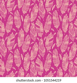 Gypsy love, hand drawn vector feather pattern for textile and cover design. Boho style fashion pattern. Hippie and tribal sketched background.