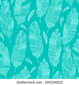 Gypsy love, hand drawn vector feather pattern for textile and cover design. Boho style fashion pattern. Hippie and tribal sketched background.