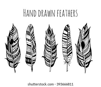 Gypsy love, hand drawn vector feathers for your design. Boho style. Hippie and tribal sketched elements.