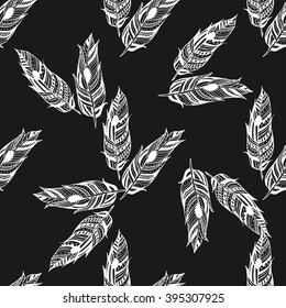 Gypsy love, hand drawn vector feather seamless pattern for your design. Boho style. Hippie and tribal sketched background. Textile, fashion, wallpaper, wrapping texture.