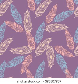 Gypsy love, hand drawn vector feather seamless pattern for your design. Boho style. Hippie and tribal sketched background. Textile, fashion, wallpaper, wrapping texture.